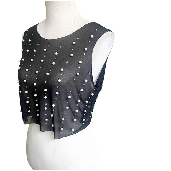 Oppa Pearl Rhinestone Sheer Mesh Crop Top Sexy See Through Short Sleeve NWT S - Picture 2 of 11